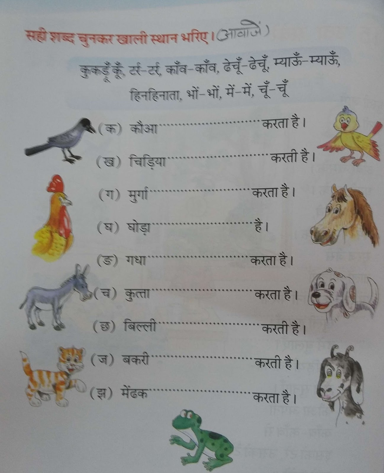 Hindi Grammar Work Sheet Collection for Classes 5,6, 7 & 8: Sounds of  animals and birds Work Sheet with SOLUTIONS/ANSWERS