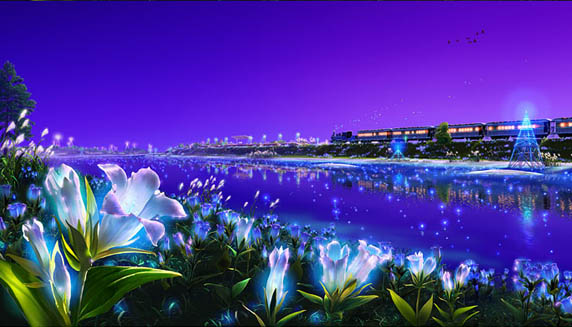 Flores de luz com o céu violeta na Atlântida, Kagaya, arte digital
