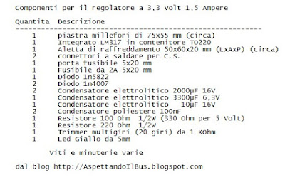 Elenco dei componenti per il regolatore a 3,3 Volt con LM317 - versione A - di Paolo Luongo
