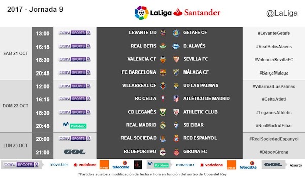 Liga Santander 2017/2018, horarios de la jornada 9