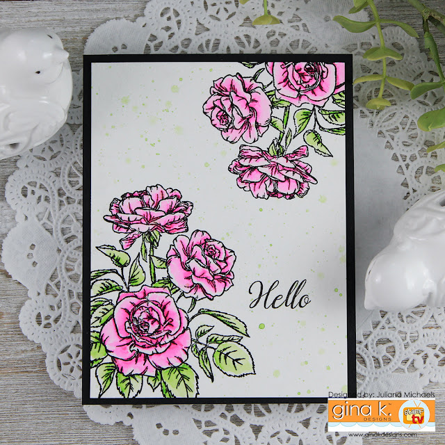 Hello Watercolor Rose Card by Juliana Michaels featuring Gina K Designs Rose Bouquet Incentive Stamp Set