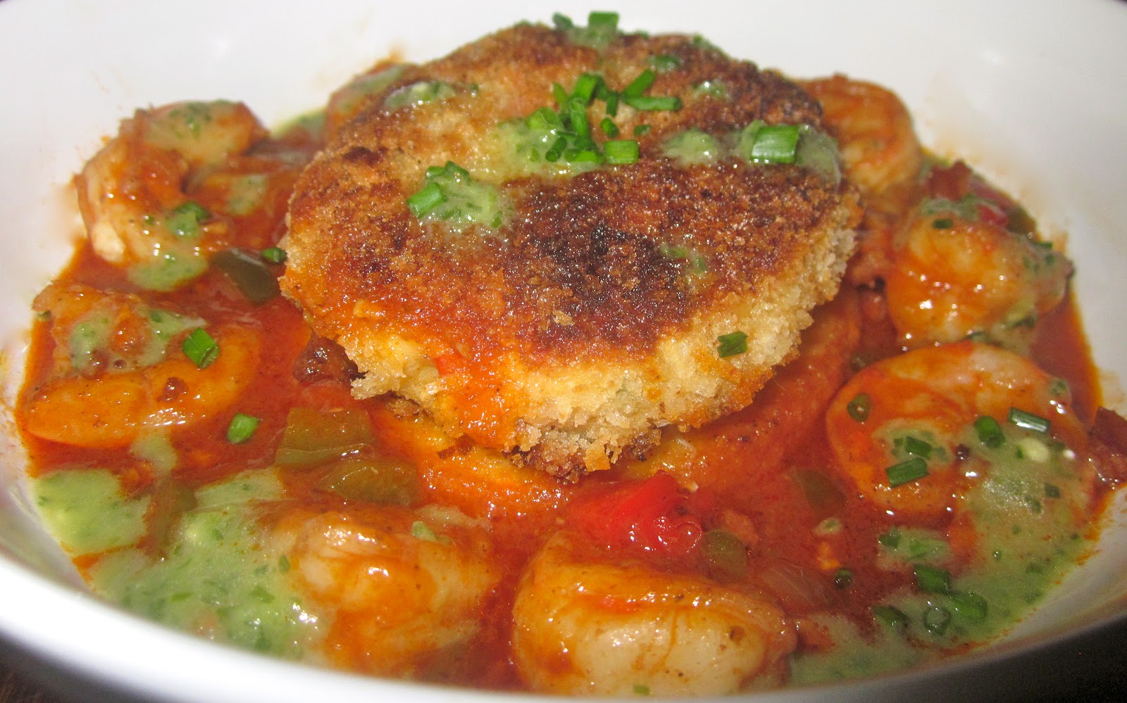 Haute + Heirloom Crab Cake & Pepperjack Grit Cake with Shrimp Etouffee