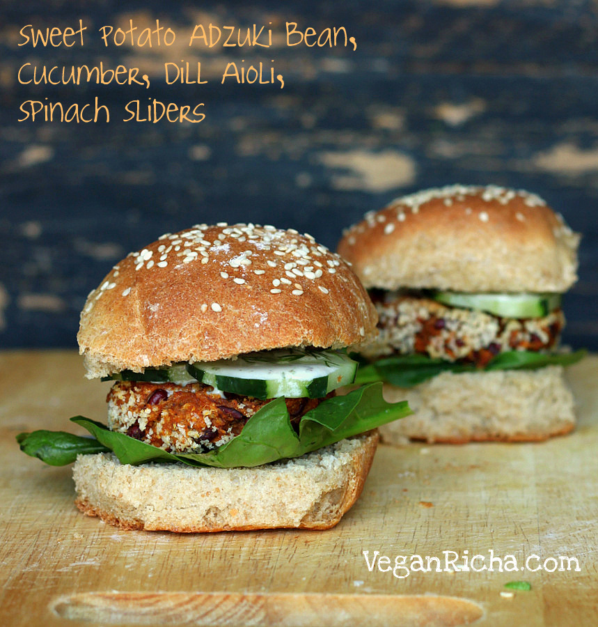 Adzuki bean burger sliders pictured on a cutting board