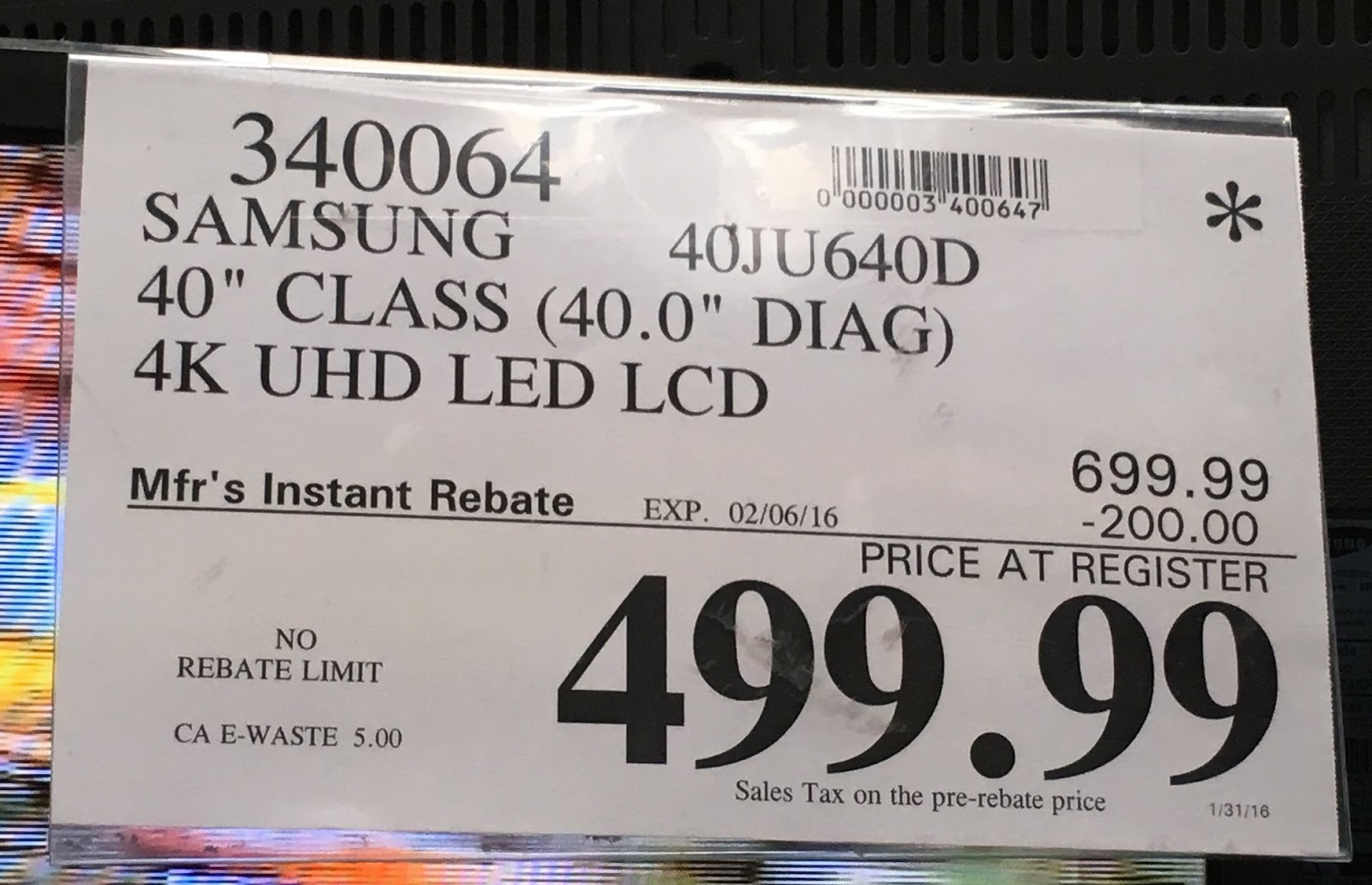 Samsung UN40JU640D 40" 4K UHD LED LCD TV Costco Weekender