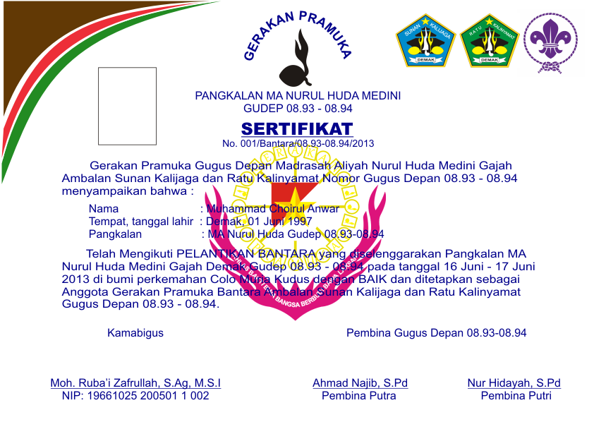 KARYA dan DESAIN GRAFIS Sertifikat Pengurus Pramuka MA Nurul Huda Medini