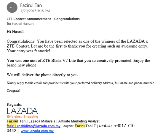 Menang Telefon Pintar ZTE Contest Affiliate Lazada Malaysia