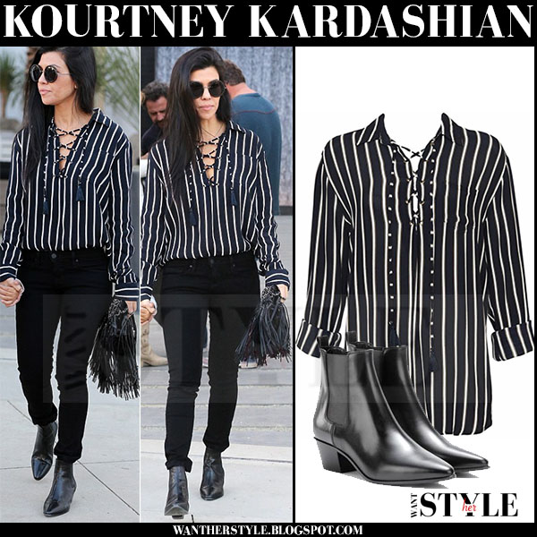 Kourtney Kardashian in striped shirt and skinny jeans in Beverly Hills ...