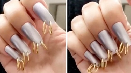 New Trend! Kim Kardashian Shows Off Pierced Nails