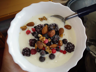 A Bowl of youghurt with frozen fruit topping