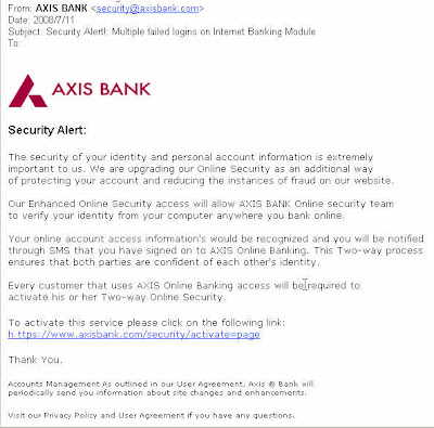 Email depicting as Axis Bank Security Alert