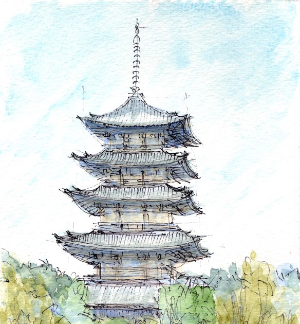 浮世絵風な水彩画　京都　東寺 浮世絵風な水彩画 京都 東寺