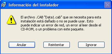 El archivo .CAB Data1.cab que necesita esta instalación está dañado o no se puede usar