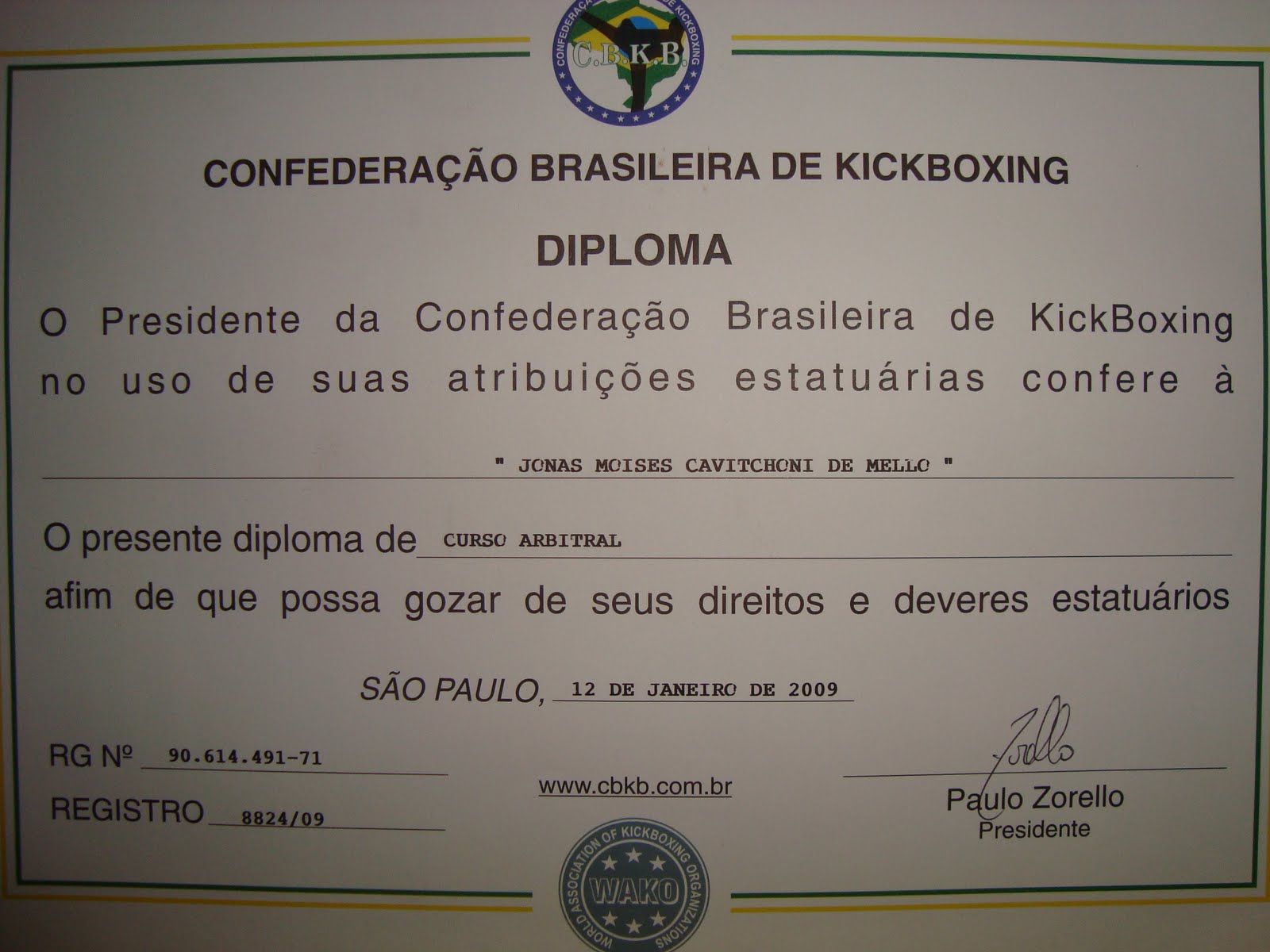 Boxe e Kickboxing Santa Maria: DIPLOMA DE ARBITRO CBKB