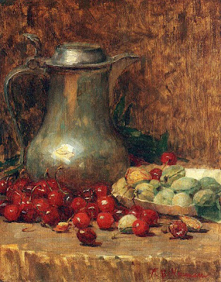 Still Life painting by Willie Betty Newman. Pewter Pitcher and Cherries