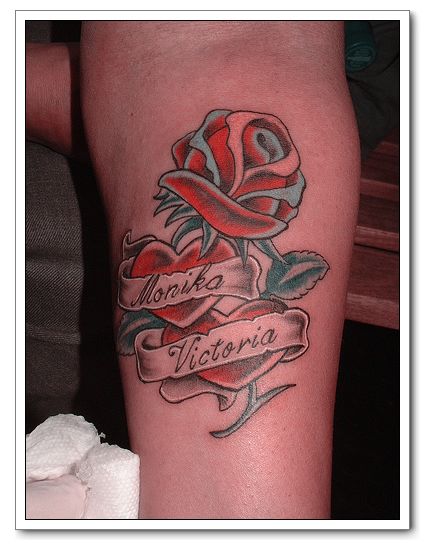 Flower Red Rose Tattoo Designs Combination With Heart Tattoo