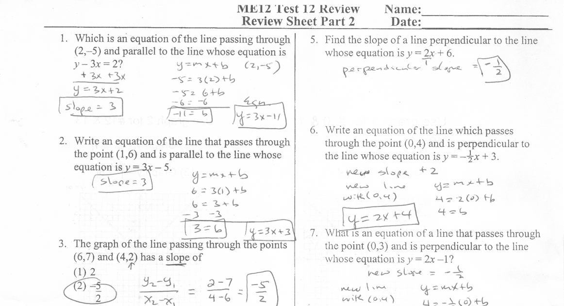 Algebra Review Answer Key
