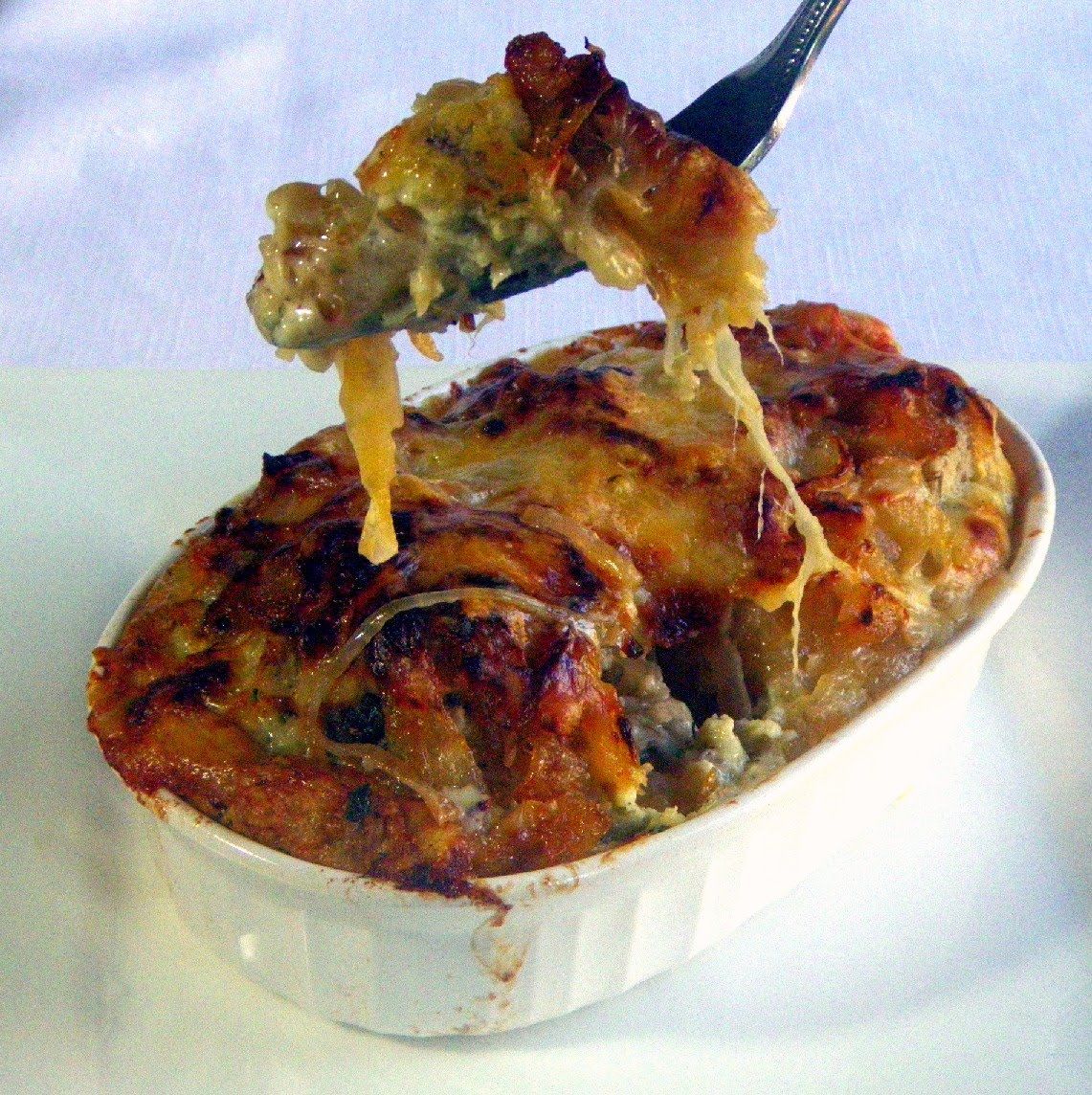 Year on the Grill a Savory French Onion Bread Pudding made with a