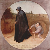 Pierre Bruegel's darkclad Misanthrope ignoring pleas of farmer 