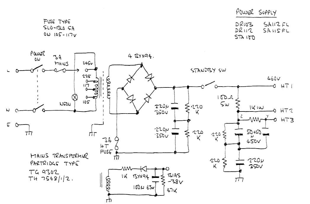 100 watt Hiwatt amplifier model DR 103 power supply schematic circuit