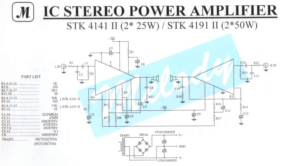 2×25W Stereo Power Amplifier with STK4141II | electro,circuit, schema