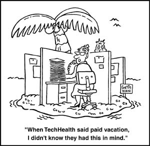 A cartoon of a woman working in a  cubicle on her vacation.