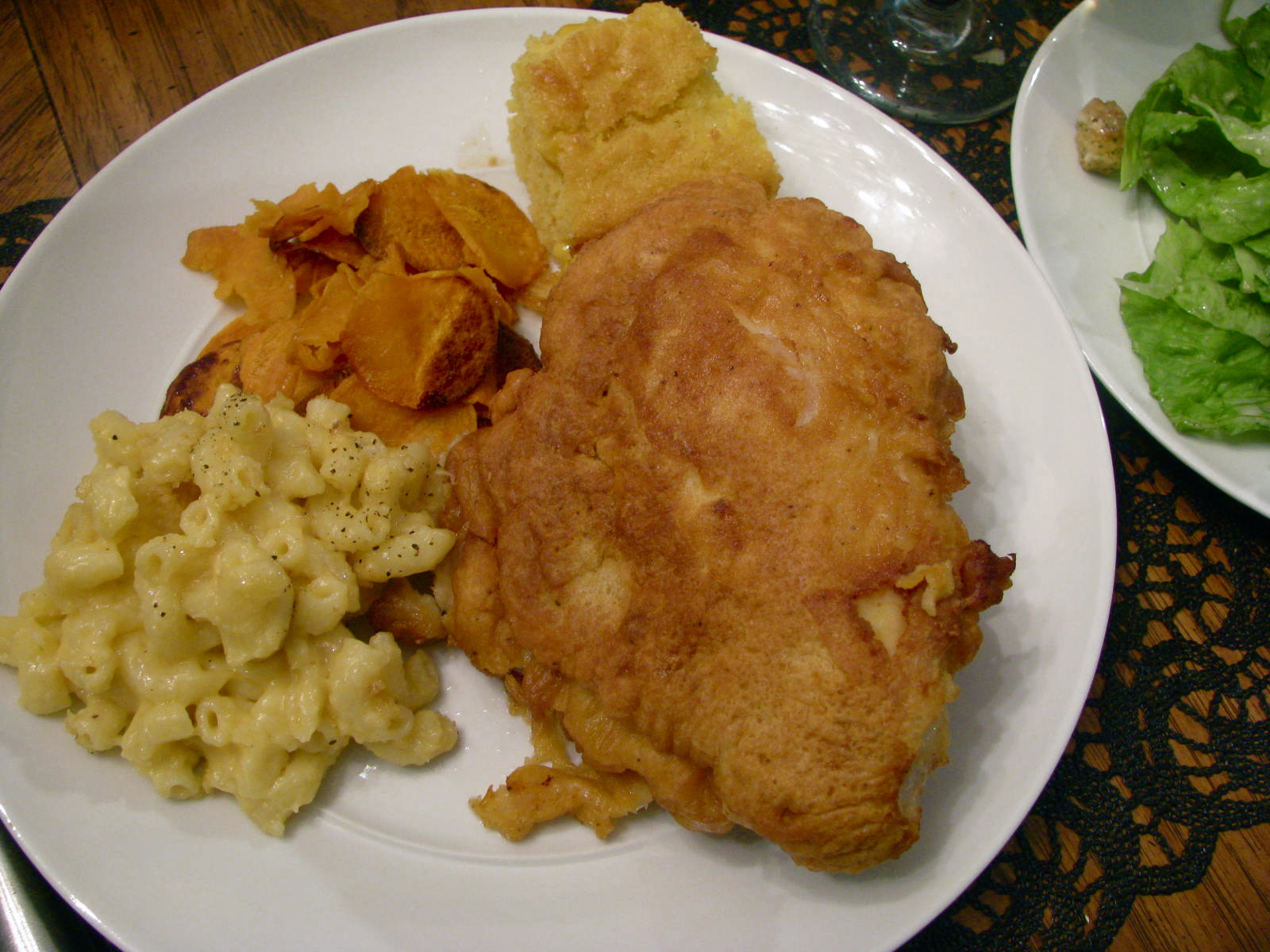 All From Scratch Fried Chicken, Corn Bread, Macaroni & Cheese, and Sweet Potato Chips