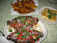 Cameroonian grilled fish, fried plantain and pan-fried tofu