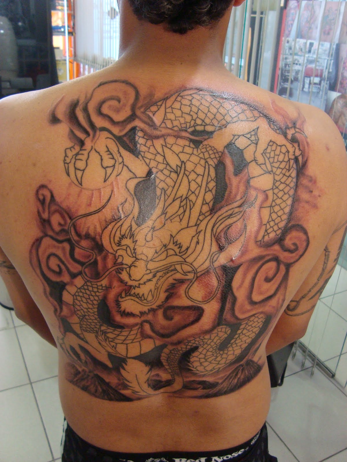 Dragão costas. Estamos na 2º seção. No detalhe os vulcões André Bertolini Tattoo