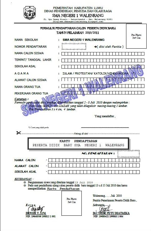 SMA Negeri 1 Walenrang: Contoh Formulir Pendaftaran dan 
