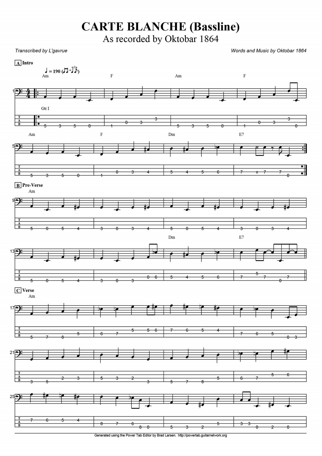 Bass transcriptions Oktobar 1864 Carte Blanche (bas transkripcija)