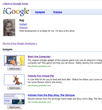 Screenshot of Naj's iGoogle Developer Listing