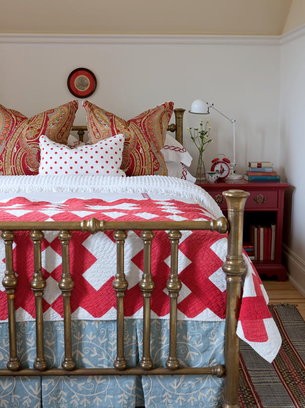 Country bedroom with a mix of red and robin's egg blue. Beautiful cozy comfy country bedroom with farmhouse style.