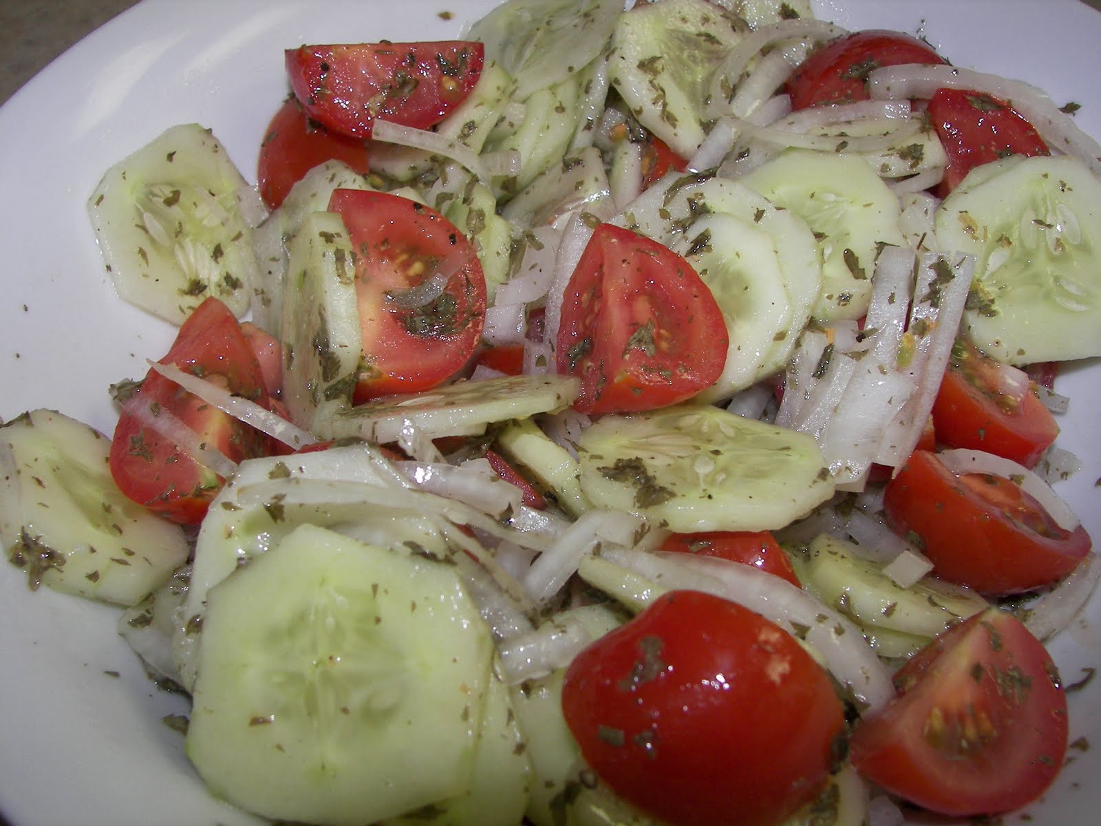 Karen and Charlie's Kitchen Aunt Peggy's Cucumber, Tomato and Onion Salad