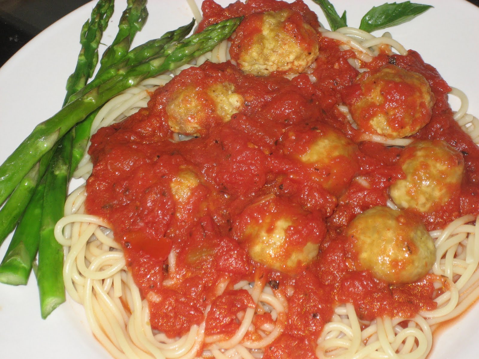 Vegetarian Food and Health Spaghetti with tofu balls and asparagus