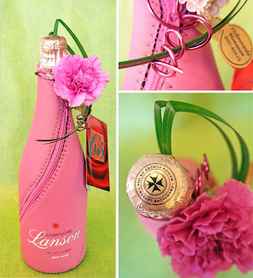 rosa champagne Lanson Rose Label, flaskdekoration,nejlika Farida,