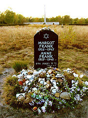 [+Memorial+for+Anne+and+Margot+Frank+at+the+former+Bergen-Belsen+site,+along+with+floral+and+pictorial+tributes.+مقبره.jpg]