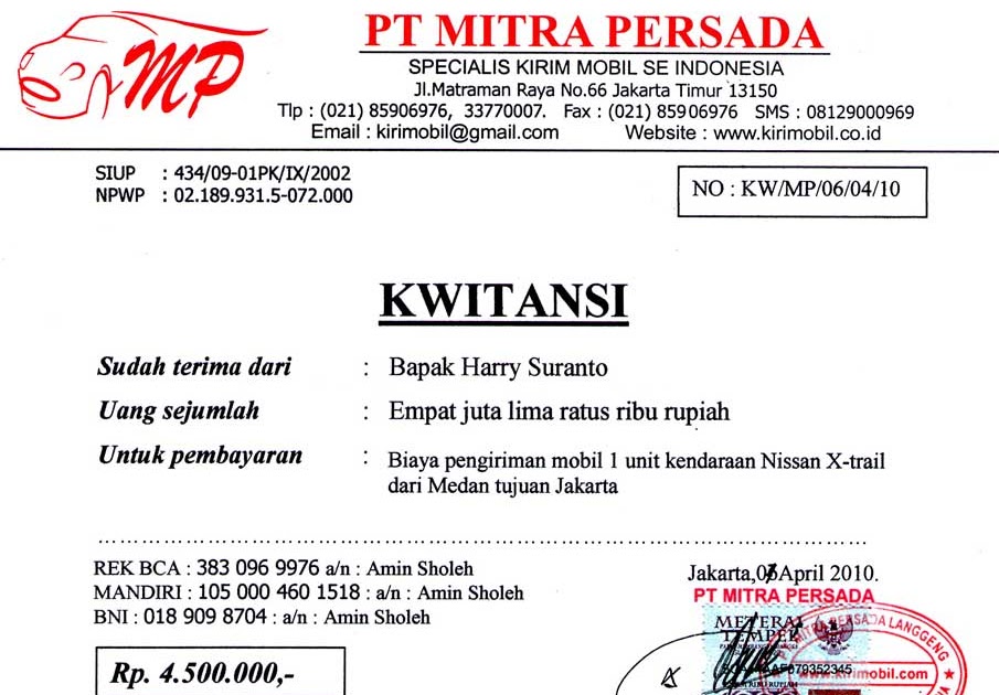 Kwitansi Rental Mobil Surabaya Satu Manfaat