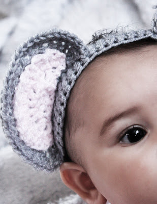 little mouse gray and pink crochet baby headband close up