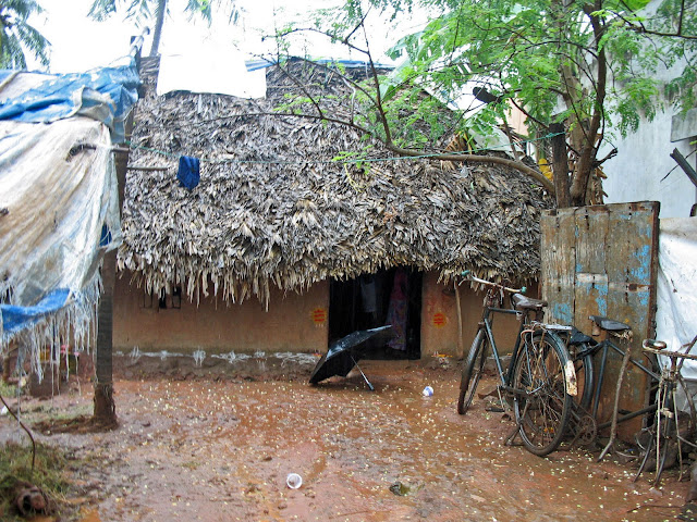 close-up of thatched hut in India