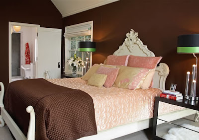 Master Bedroom With White Carved Wood Bed Pink And Brown Bedding And.
