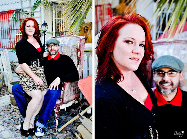 Modern Fun Las Vegas Engagement Photography Hip couple sitting in chair outdoors at engagement photo shoot in las vegas