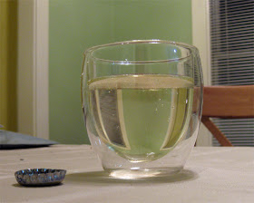 A jacketed glass of carbonated sake.