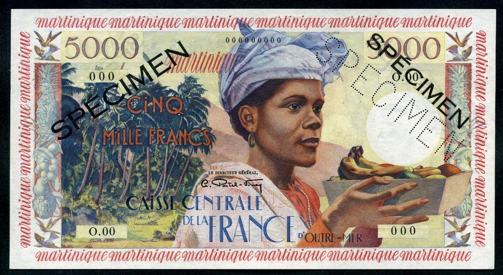 Martinique banknotes 5000 Francs banknote of 1960 Woman with Fruit Bowl