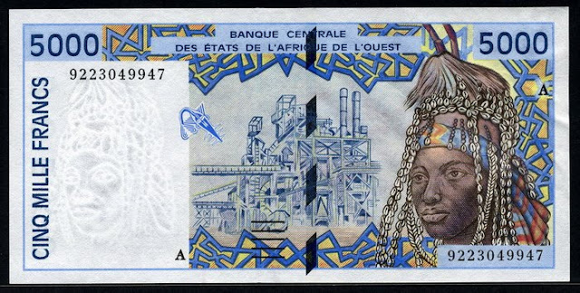 CFA franc West African States money currency 5000 Francs banknote
