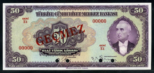 50 Turkish Lira Turkey money banknotes Mustafa İsmet İnönü