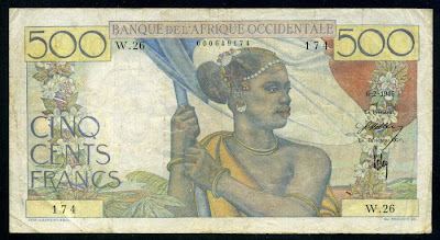 French West Africa banknotes 500 Francs banknote Banque de L'Afrique Occidentale Numismatic