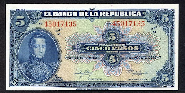 Colombian money currency banknotes 5 Pesos Oro banknote