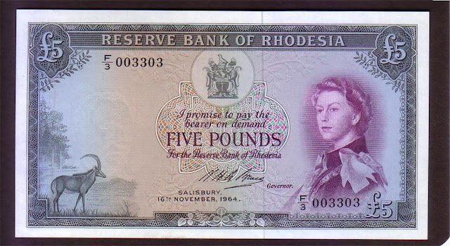 British banknotes Rhodesia 5 punds note young Queen Elizabeth II