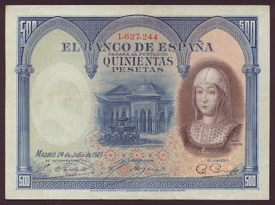 Spain banknotes paper money 500 Pesetas banknote Isabel la Catolica