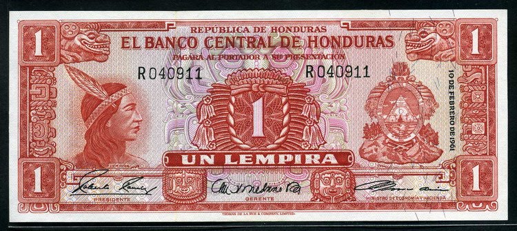 Honduras Currency 1 Honduran Lempira banknote of 1961.